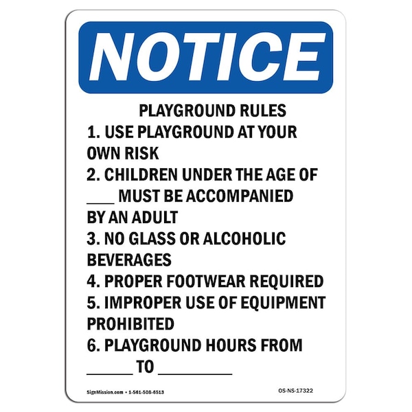 Safety Sign, OSHA Notice, 5" Height, Playground Rules 1. Use Playground Sign, Portrait, 10PK